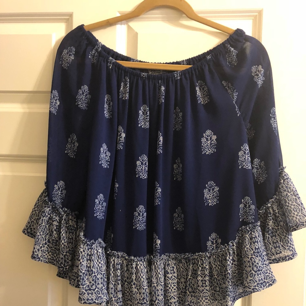 LUCKY BRAND off-shoulder mixed pattern blouse